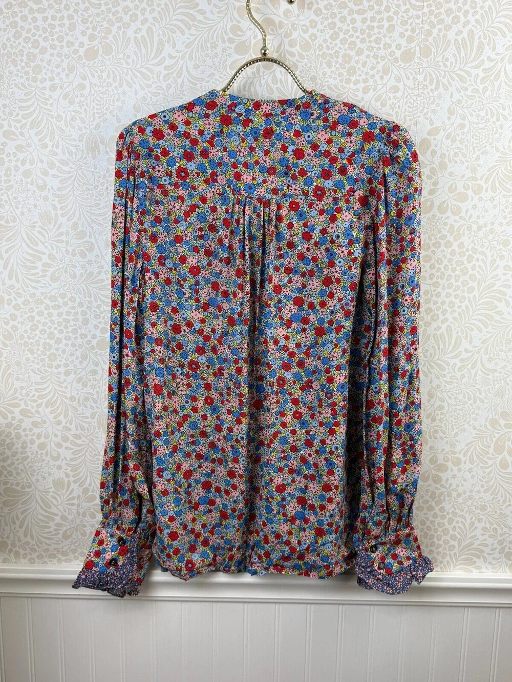 BODEN Red Floral Brightly Colored Printed Ruffle Bib Popover Blouse - Size - 4